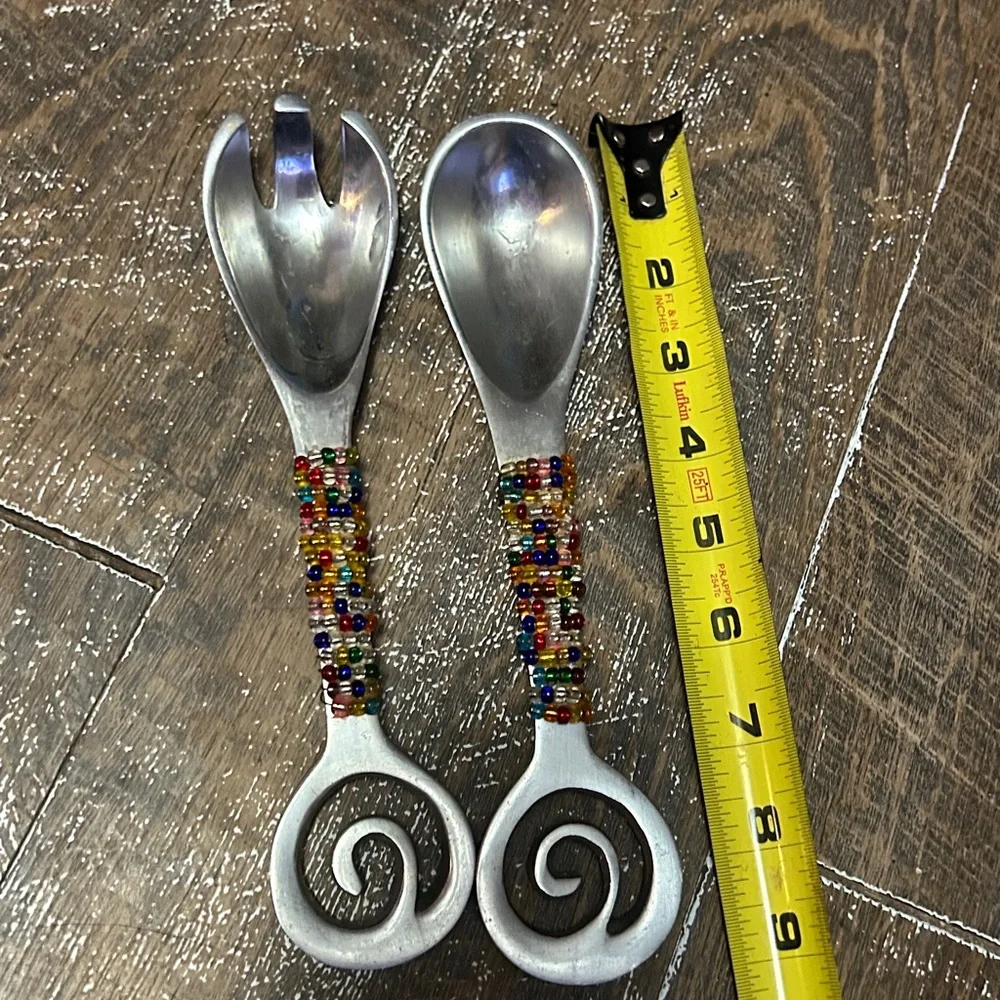 Decorative Beaded MCM Polished Aluminum Salad Fork ‎ Spoon Round End Handle 9”